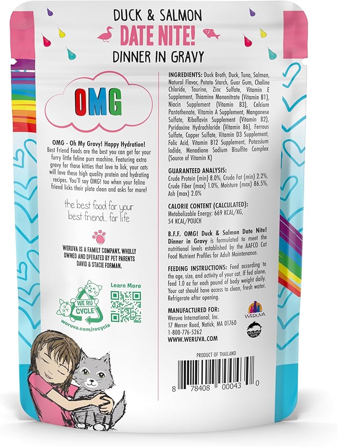 Weruva B.F.F. OMG - Best Feline Friend Oh My Gravy!, Date Nite! with Duck &amp; Salmon in Gravy Cat Food, 2.8oz Pouch (Pack of 12)
