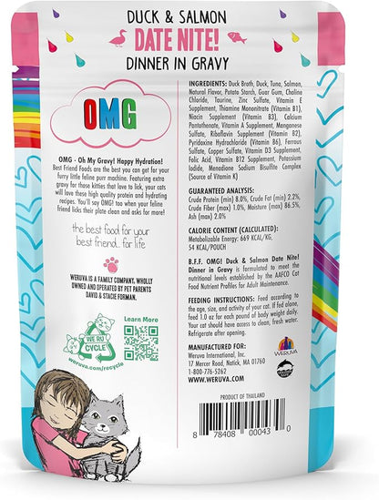 Weruva B.F.F. OMG - Best Feline Friend Oh My Gravy!, Date Nite! with Duck &amp; Salmon in Gravy Cat Food, 2.8oz Pouch (Pack of 12)