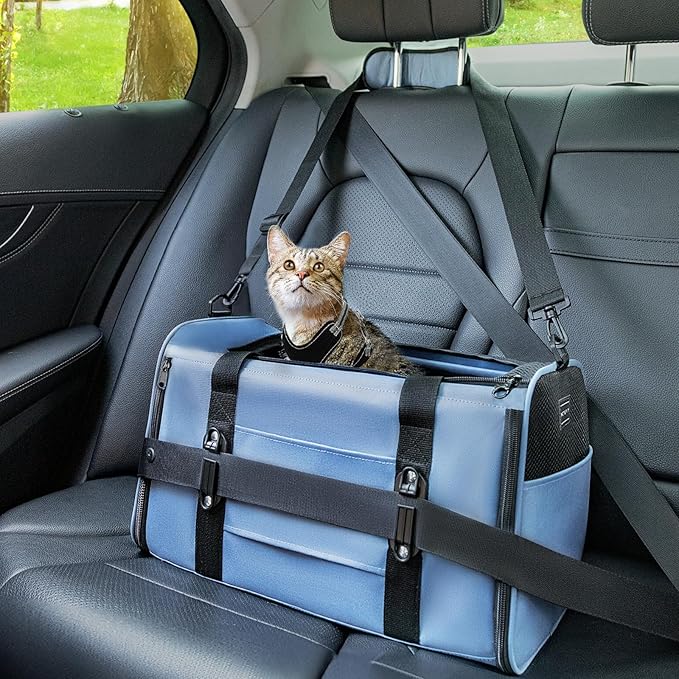 PETSFIT Soft-Sided Cat Carriers &amp; Car Seats with Patent Safe Buckles, Clip-On Harness，18"x11"x11" Airline Approved Pet Carrier - 9 lbs Capacity (Blue)