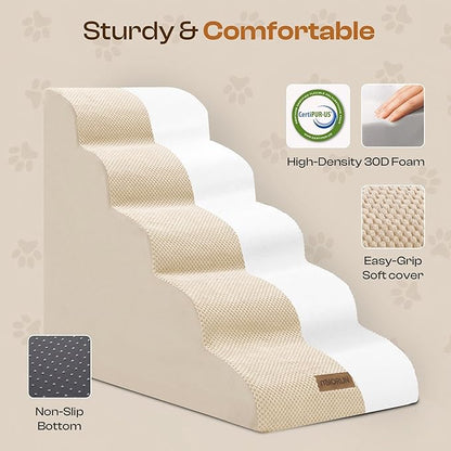 Dog Stairs for High Beds, Extra Tall 24.5" 5-Step Pet Steps for Medium &amp; Small Dogs, Foam Ramp for Tall Couch &amp; Bed, Washable Cover - Dog Steps for Bed