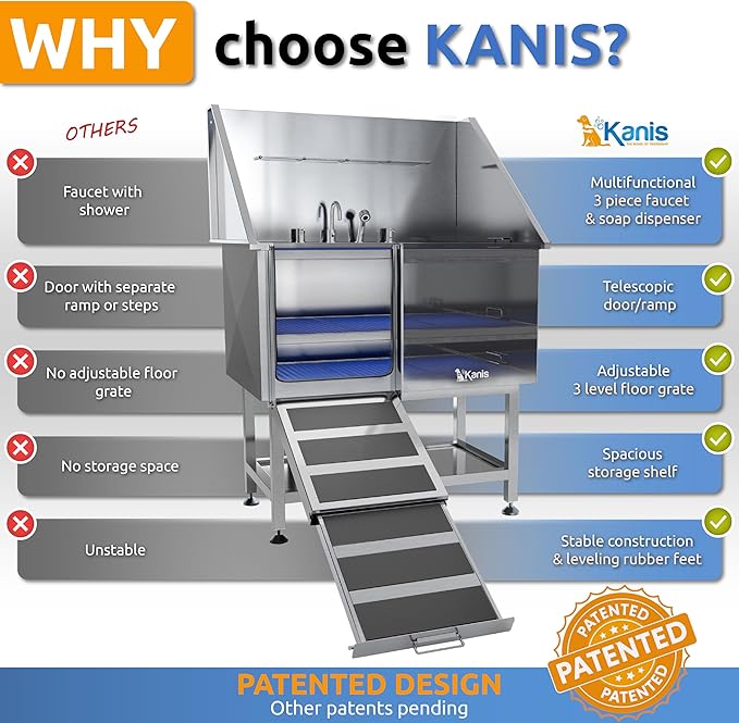 KANIS Professional Dog Washing Station - 304 Stainless Steel Pet Wash Sink &amp; Grooming Bath Tub for Home with Ramp, Shower, Floor Grate, Storage Shelf, Faucet, Drain Kit for Large, Medium &amp; Small Pets