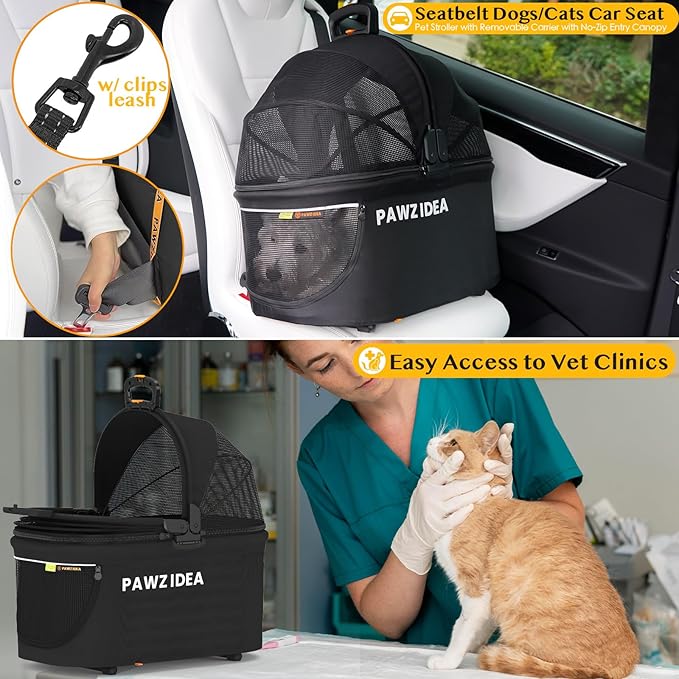 PAWZIDEA Double Pet Stroller with 2 Detachable Carriers, Portable Dog Crate for Car Travel &amp; TSA-Approved Expandable Cat Carrier, Foldable Lightweight Jogger Stroller for 2–4 Cats or Small/Medium Dogs