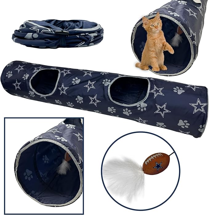 NFL Dallas Cowboys Cat Tunnel Tube Toy with Plush Football Catnip and Feathers Collapsible Tunnel for Cats to Play, Peek and Hide, Sporty &amp; Fun Cat Tunnel Toy with Team Logo All-Over Design!