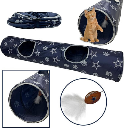 NFL Dallas Cowboys Cat Tunnel Tube Toy with Plush Football Catnip and Feathers Collapsible Tunnel for Cats to Play, Peek and Hide, Sporty &amp; Fun Cat Tunnel Toy with Team Logo All-Over Design!