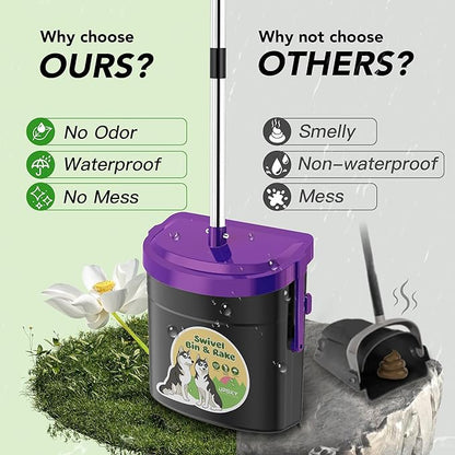 UPSKY Dog Pooper Scooper Swivel Bin &amp; Rake Kit with 100 Waste Bags,33.4" Stainless Steel Long Handle Heavy Duty Pet Poop Shovel for Large Medium Small Dogs, Odor-Proof Lid for Yard/Lawn/Outdoor Use
