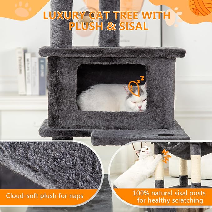 KITTY KINGDOM 65in Large Cat Tree Condo Furniture for Indoor Kitties, Multi-Level Cat Tower with 4 Scratching Posts, Cat Cave, Hammock, Perch &amp; Reinforced Base, Plush Gray