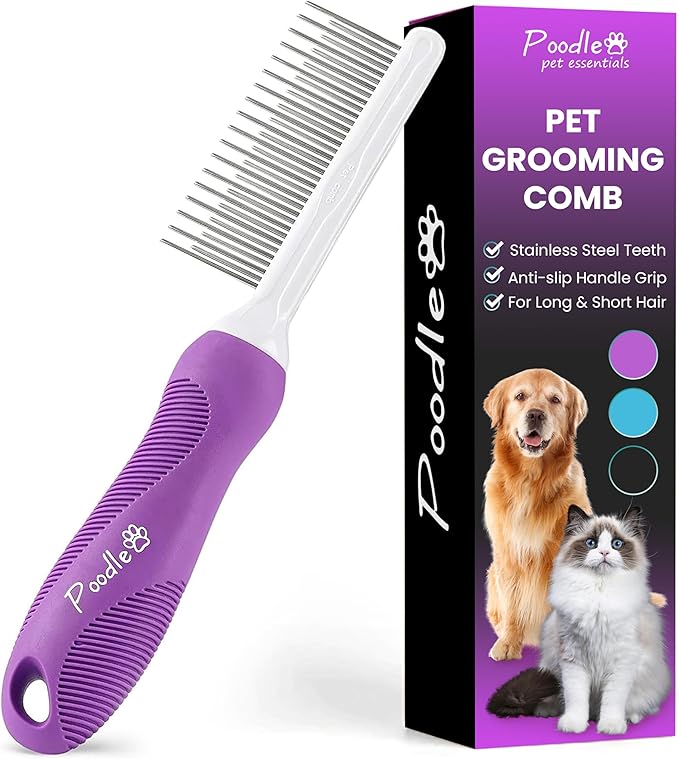 Poodle Pet Detangling Pet Comb with Long &amp; Short Stainless Steel Teeth for Removing Matted Fur, Knots &amp; Tangles – Detangler Tool Accessories for Safe &amp; Gentle DIY Dog &amp; Cat Grooming