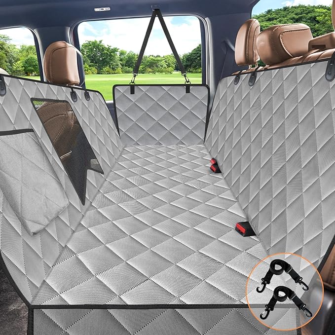 Kytely Dog Car Seat Cover for Back Seat,Waterproof Hammock with Mesh Window, Anti-Scratch Nonslip Car Seat Protector for Dogs, 600D Heavy Duty Dog Seat Cover for Cars Trucks and Suvs Gray