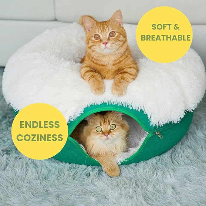 CATTASAURUS Peekaboo Cat Cave for Multiple &amp; Large Cats Up to 30-45 Lbs, Fluffy Cat Beds &amp; Furniture, Scratch Detachable &amp; Washable Tunnel Bed, Comfy Donut Bed (Forest Green, Large (Calming))