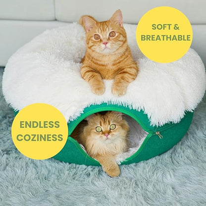CATTASAURUS Peekaboo Cat Cave for Multiple &amp; Large Cats Up to 30-45 Lbs, Fluffy Cat Beds &amp; Furniture, Scratch Detachable &amp; Washable Tunnel Bed, Comfy Donut Bed (Forest Green, Large (Calming))