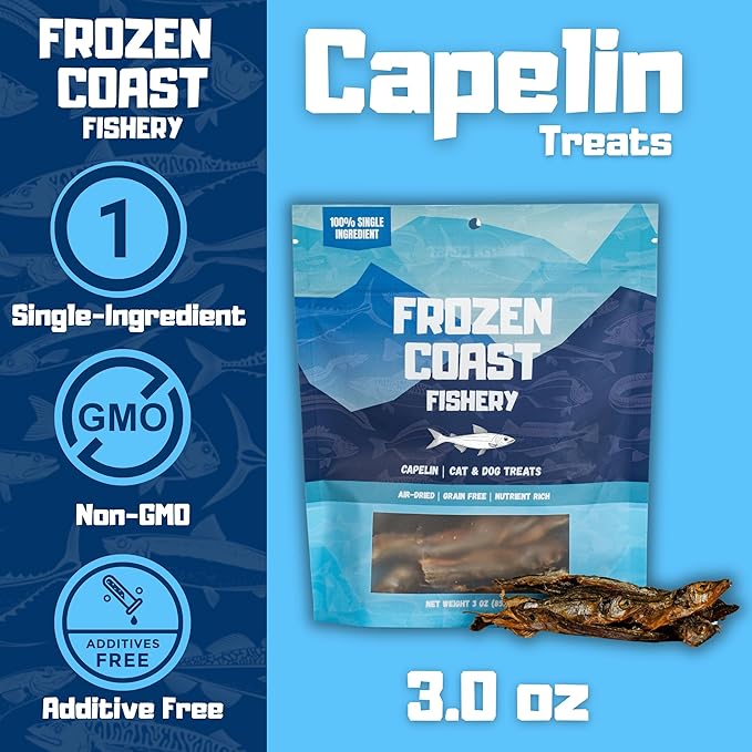 Frozen Coast Capelin Cat &amp; Dog Treats- Single-Ingredient, All-Natural, High-Protein, Omega-3s, Fish Snacks (3 oz Bag)