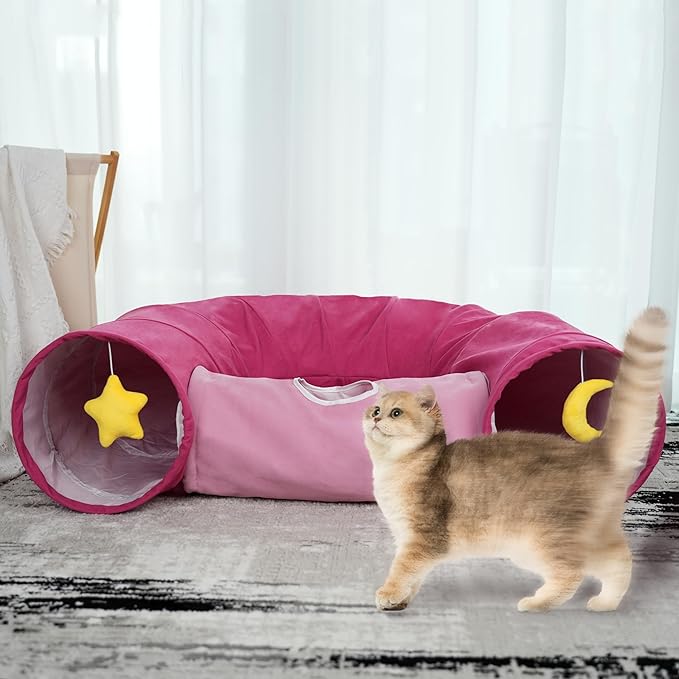 Cat Tunnel, Large Indoor Durable Collapsible Interactive Cat Tube with Peek-A-Boo Hole, Hanging Toys, and Crinkly Paper Lining - Cute Tunnel for Cats, Kittens, Puppies &amp; Rabbits, Pink