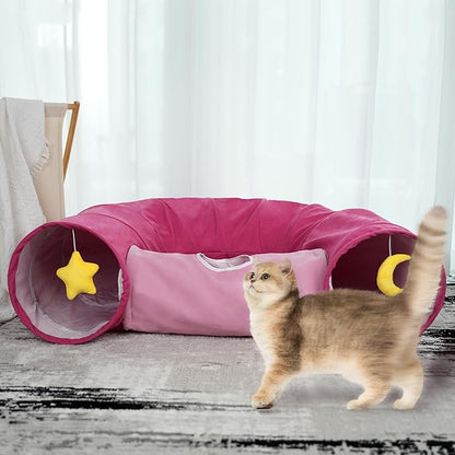 Cat Tunnel, Large Indoor Durable Collapsible Interactive Cat Tube with Peek-A-Boo Hole, Hanging Toys, and Crinkly Paper Lining - Cute Tunnel for Cats, Kittens, Puppies &amp; Rabbits, Pink