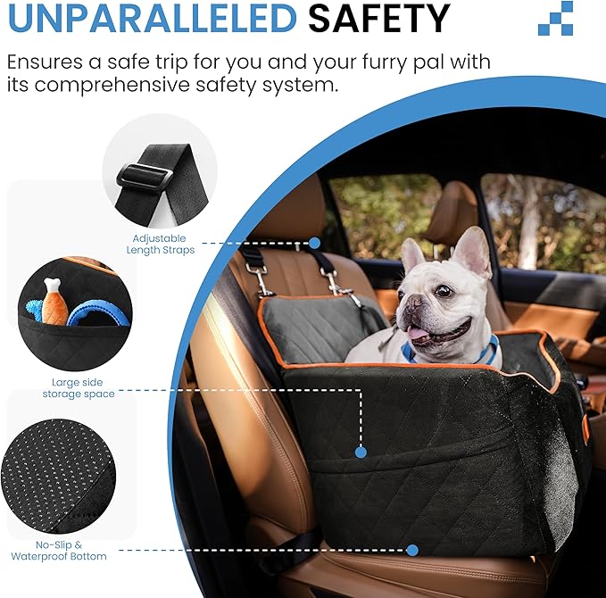 Dog Car Seat for Small Dogs - Puppy Car Seat with Safety Strap &amp; Waterproof Padding, Portable Pet Carrier for Cars, Trucks &amp; SUVs, Comfortable Elevated Bed for Pets Up to 35lbs (Black/Grey)