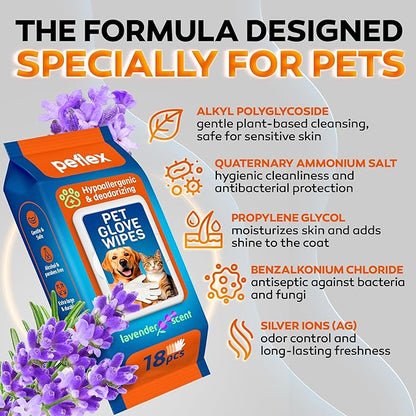 New 2025 Pet Cleaning Glove Wipes for Dogs and Cats – Hypoallergenic Hydrating &amp; Nourishing – Suitable for Eyes, Ears, Paws &amp; Body – Lavender Scent – Ideal for Daily Care &amp; Travel – 18 Count