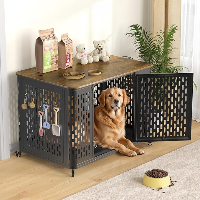 Heavy Duty Dog Crate Furniture for Large and Medium Dogs, 43.7 Inch Large Dog Crate Kennel with Flip Top &amp; Cushion &amp; Wheels, Escape Proof Pet Cage for High Anxiety Dogs