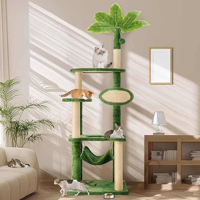 55 Inch Large Cat Tree Tower for Indoor Cats with Hammock Green Leaves Sisal Scratching Post, Plush Hang Ball Play Furniture for Kittens &amp; Adult Cats,New Green