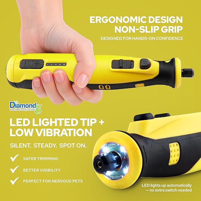Diamondg Cordless Dog Nail Grinder with Quiet Sound &amp; LED Tip for Large &amp; Small Dogs, 4hrs. Runtime - Electric Dog Nail Trimmer, Heavy Duty Rotary Tool Alternative to Toenail Clippers &amp; Filers