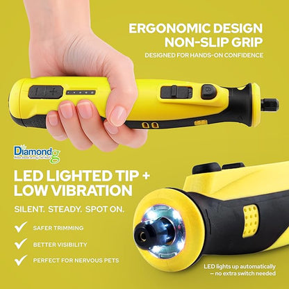 Diamondg Cordless Dog Nail Grinder with Quiet Sound &amp; LED Tip for Large &amp; Small Dogs, 4hrs. Runtime, 2 Bits Included, Yellow