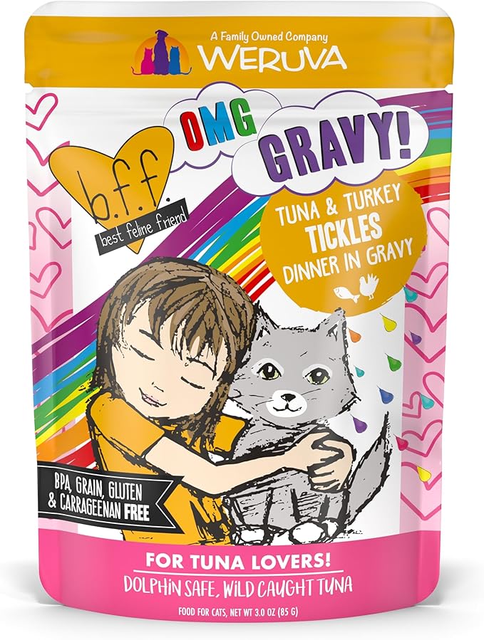 Weruva B.F.F. OMG - Best Feline Friend Oh My Gravy!, Tuna &amp; Turkey Tickles with Tuna &amp; Turkey in Gravy Cat Food, 3oz Pouch (Pack of 12)