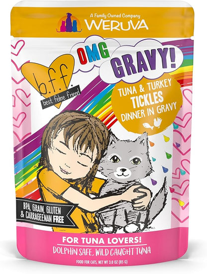 Weruva B.F.F. OMG - Best Feline Friend Oh My Gravy!, Tuna &amp; Turkey Tickles with Tuna &amp; Turkey in Gravy Cat Food, 3oz Pouch (Pack of 12)