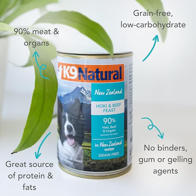 K9 Natural Wet Dog Food Pate, Hoki &amp; Beef Feast, 13 Oz Cans (Pack of 12), Grain Free, Made in New Zealand with Sustainably Caught Hoki Fish and Grass-Fed and Finished Beef