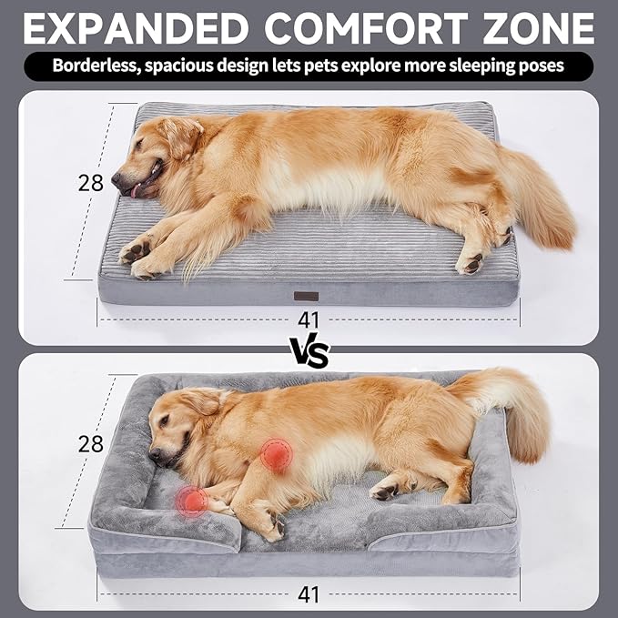 OhGeni Orthopedic Waterproof &amp; Machine Washable Dog Bed for Large Pets, Suitable for Crates, 25D Egg Crate Foam, Non-Slip Bottom &amp; Removable Cover, Corduroy Fabric, 41 Inches(Gray)
