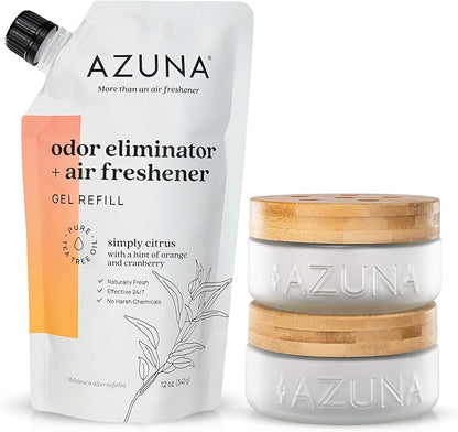 Azuna Air Freshener &amp; Odor Eliminator for Strong Odor | 2 Room Kit Includes (2) Empty Luxe Glass Jar &amp; 12oz Gel Refill with Tea Tree Essential Oil | Simply Citrus | Last 60-90 Days