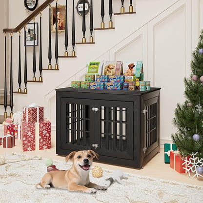 38" Heavy Duty Dog Crate Furniture for Small,Medium and Large Dogs,Rustic Wooden Dog Cage Kennel Indoor Furniture with Waterproof Top,Decorative Pet House Side End Table (Black &amp; Grey)