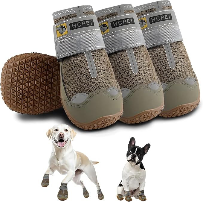 Hcpet Dog Shoes for Large Dogs, Breathable Dog Booties for Small Medium Dogs, Anti-Slip Dog Boots &amp; Paw Protectors for Hot Pavement Winter Snow Hiking with Reflective Straps Army Green Size 7