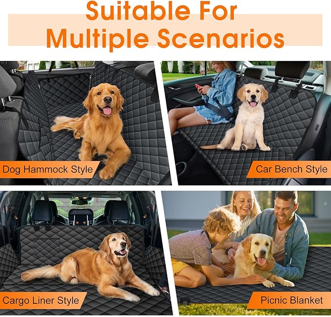Waterproof Dog Car Seat Cover for Back Seat - Durable, Scratch Proof Pet Hammock with Nonslip Design &amp; Storage Pockets, Fits Cars, SUVs, Trucks- S, Black