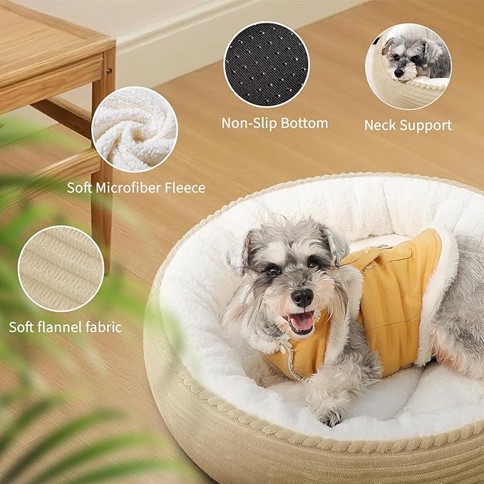 Cat Bed, 20In Dog Beds for Small Dogs, Calming Cat &amp; Dog Beds for Indoor Pets, Pet Beds Comfortable Donut Round Ultra Soft (Camel, 23" L x 23" W x 6.5" Th)