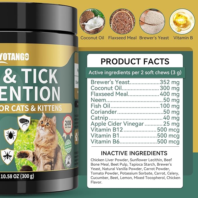 Natural Flea Treatment for Cats Chewables, 200 Soft Treats Flea and Tick Prevention for Cats, Oral Flea Supplement for Kitten Cat, Cat Flea and Tick Treatment, Skin &amp; Coat Support - All Breeds &amp; Ages