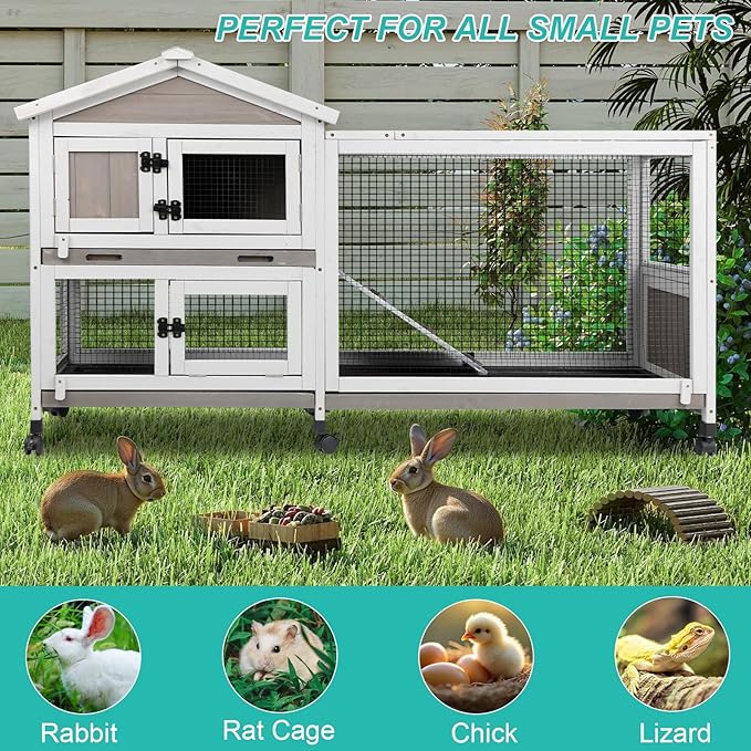 2-Tier Rabbit Hutch with Wheels, Indoor &amp; Outdoor Small Animal Cage with Deep Pull-Out Tray, Anti-Chew Frame, Habitat for Bunny, Guinea Pig, Chinchilla (60" L x 19" W x 35" H)