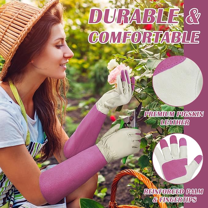 HANDLANDY Rose Pruning Gardening Gloves for Men &amp; Women, Thornproof Long Gauntlet Gloves, Pigskin Leather - Breathable &amp; Durability (Small)