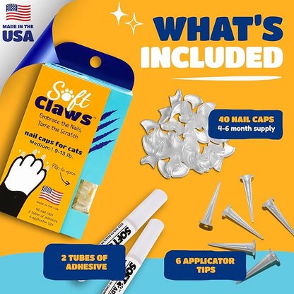 Soft Claws Cat Nail Caps for Medium Cats – (40 Caps, Black) - Made in USA - Veterinarian-Developed | Protects Furniture &amp; Skin - Easy to Apply, Long-Lasting Anti-Scratch Soft Cat Claw Covers