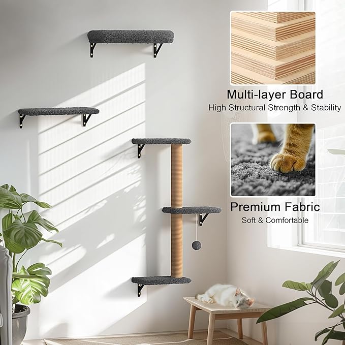 FUKUMARU Cat Wall Shelves, Stable &amp; Safe 4 in 1 Cat Furniture Set, Wooden Climbing Wall with Scratching Post for 16 Inch Drywall - Gray