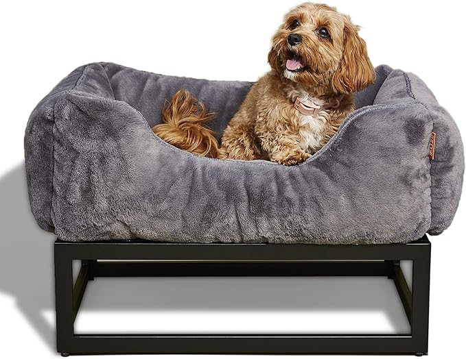 FUZI Luxury Aesthetic Dog Bed for Small Dogs with Washable Cover, Pet Couch, Pet Bed with Sides, Non-Slip Bottom, Soft &amp; Durable Calming Dog Bed, Faux Rabbit Fur Cover, Small 25.1x16.75x9.5 Dark Grey