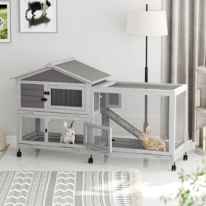 Rabbit Hutch 2-Tier, Small Wooden Chicken Coop with Wheels for Outdoor Use - Weatherproof Small Animal Hutch with Non-Slip Ramp, 4 Access Doors &amp; Removable Tray for Rabbits, Guinea Pigs, Ferrets