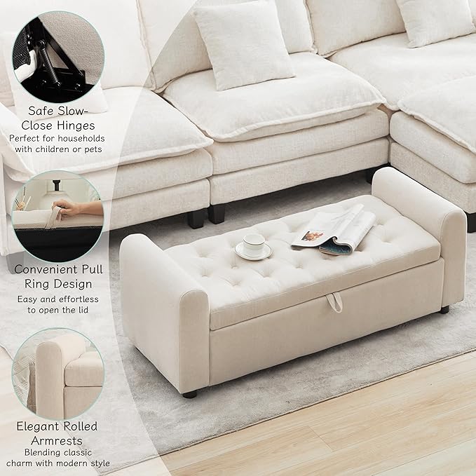 Ottoman with Storage, Tufted Storage Bench for Bedroom, 48" Fabrics End of Bed Bench, Upholstered Entryway Shoe Benches with Rolled Arm &amp; Inner Zipper, Window Ottomans Chest without Rivets, Beige