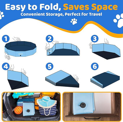 71" x 12" Foldable Dog Pool - Collapsible Hard Plastic Kiddie Pool for Dogs &amp; Kids, Non-Slip Pet Bath Tub for Outdoor Backyard Use, Lightweight &amp; Portable (Blue)