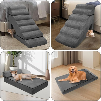 Foam Dog Stairs &amp; Steps Ramps for High Beds 30-36 inches High Tall Large Dogs, LitaiL 7 Step Pet Stairs Steps for High Beds 30 inch Small Dogs, Non-Slip Dog Ramps for Bed