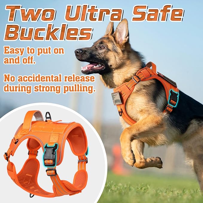 rabbitgoo Tactical Dog Harness for Large Dogs, No Pull Military Service Vest with Handle &amp; Molle, Easy Control for Training Walking, Adjustable Reflective Straps, Orange, L