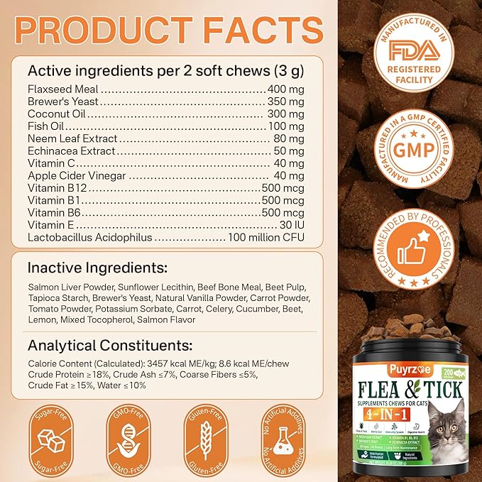 4-in-1 Flea Treatment for Cats Chewable, Natural Cat Flea and Tick Prevention Chewable Supplement for Skin &amp; Coat | Immunity Support | Digestive | Flea &amp; Tick Treatment for All Breeds &amp; Sizes