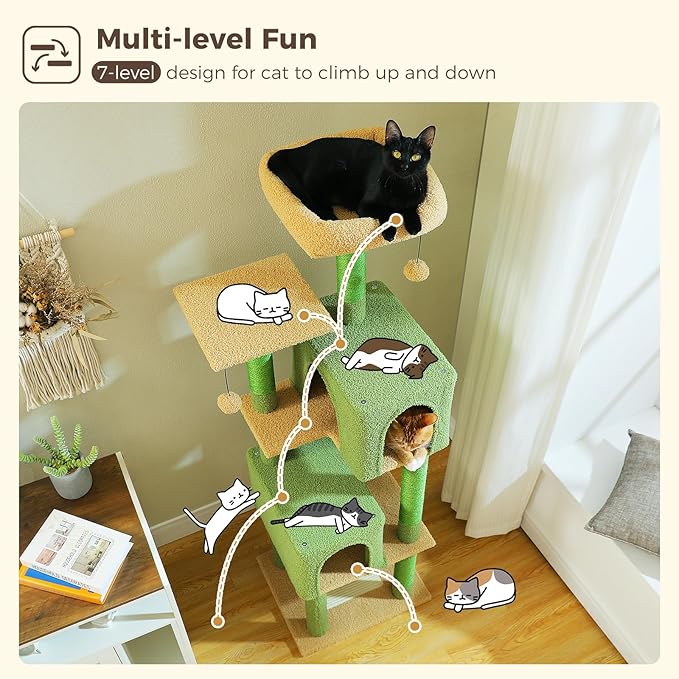 Cactus Cat Tree, 62-Inch Large Cat Tower for Multi-Cat Households w/Scratching Posts, Multi-Level Condo w/Cozy Top Perch &amp; Scratching Pad, Padded Platform, 2 Pompoms, Green