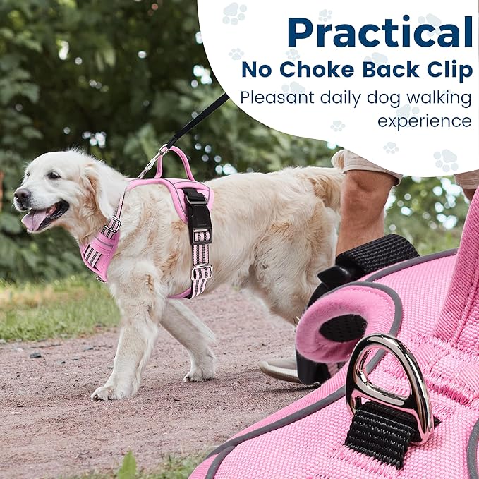 Funfox Dog Harness No Pull, Adjustable Pet Vest Harness, Super Soft Material with Vertical Handle Easy Control, Reflective Night Walking, 2 Leash Clips for XLarge Dogs, Pink, XL