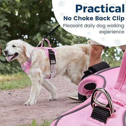 Funfox Dog Harness No Pull, Adjustable Pet Vest Harness, Super Soft Material with Vertical Handle Easy Control, Reflective Night Walking, 2 Leash Clips for XLarge Dogs, Pink, XL