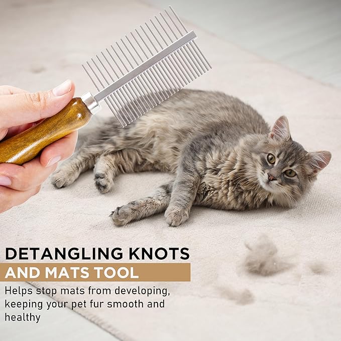 Takavu Double-Sided Metal Pet Comb for Dogs &amp; Cats - Stainless Steel Teeth for Detangling, Removing Loose Hair &amp; Flea Check - Grooming Tool
