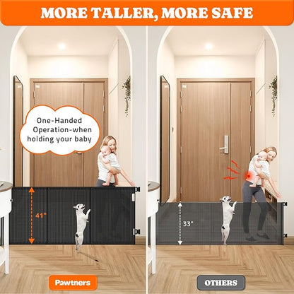 Pawtners Retractable Baby Gates Extra Wide, 41" Tall Extends up to 120" Wide, Dog Gate Indoor for Stairs, Pet Gate with Support Rods for Doorways Hallways Indoor &amp; Outdoor-Black