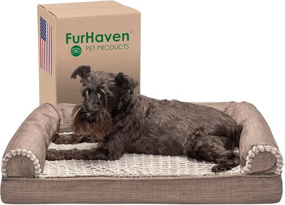 Furhaven Cooling Gel Dog Bed for Medium/Small Dogs w/ Removable Bolsters &amp; Washable Cover, For Dogs Up to 35 lbs - Luxe Faux Fur &amp; Performance Linen Sofa - Woodsmoke, Medium
